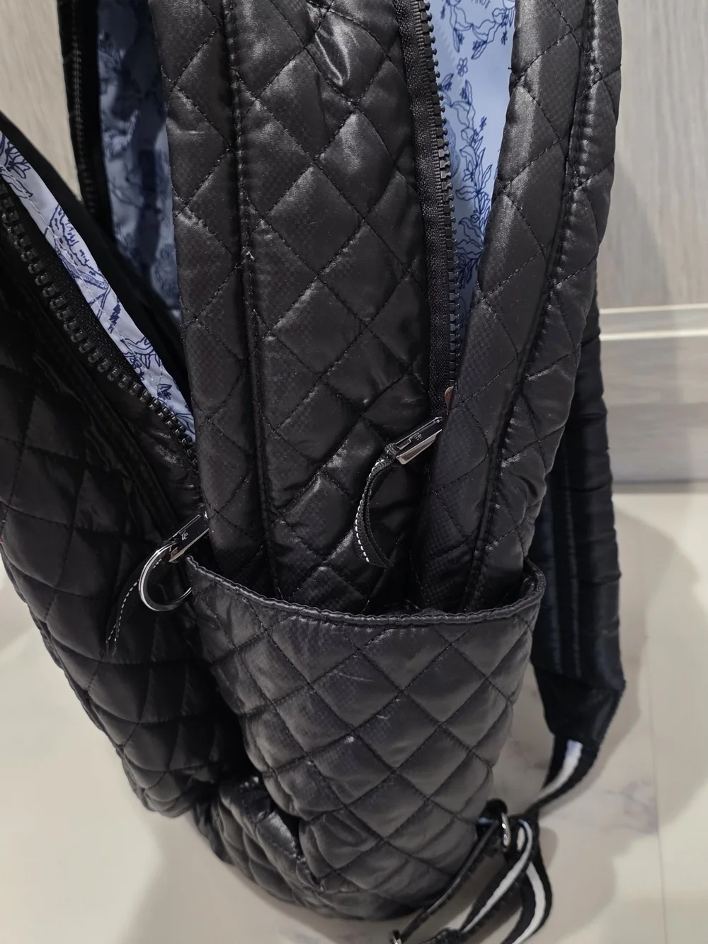 DARK Blue, NAVY Quilted Women's Backpack with White Center Stripe and Bear Patch